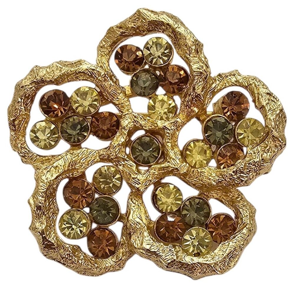 Coro Gold Tone Flower Brooch Smoky Jonquil Topaz Rhinestone Pin, Signed